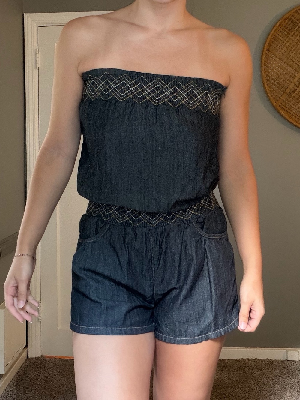 Blue Spice Dark Indigo Denim-like Smocked Strapless Romper